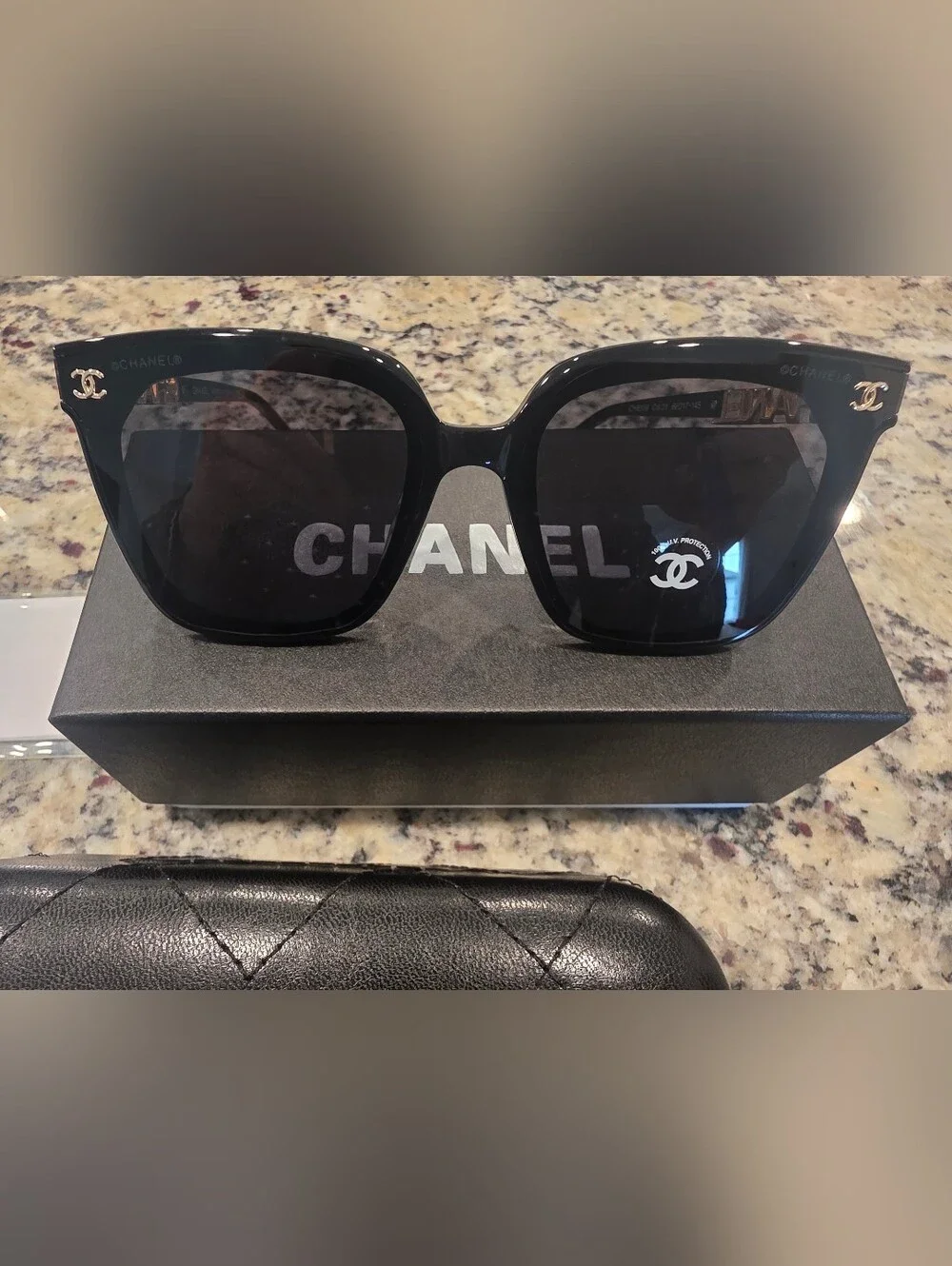 CHANEL Black Oversized Square Sunglasses with Gold CC Accents